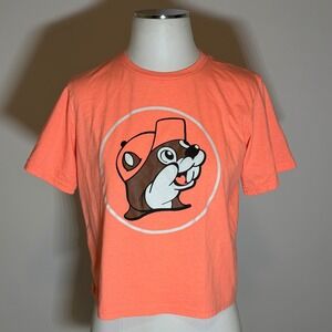Buc-ees Coral Beaver Graphic Logo Cropped Short Sleeve T-Shirt Tee Womens Medium